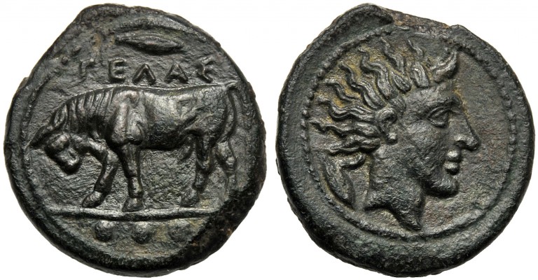 Sicily, Tetras, Gela, c. 420-407 BC AE (g 3,34 mm 16 h 1) ΓEΛAΣ, bull butting l....