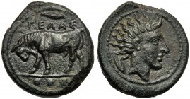 Sicily, Tetras, Gela, c. 420-407 BC AE (g 3,34 mm 16 h 1) ΓEΛAΣ, bull butting l. above, grain in ex., three pellets. Linear border, Rv. Head of river ...