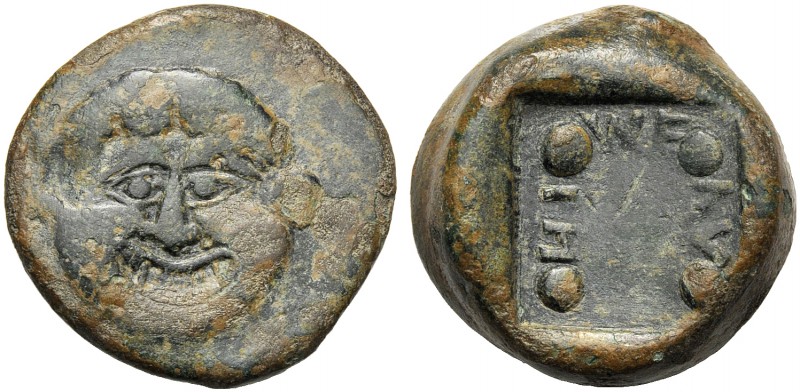 Sicily, Trias, Himera, c. 430-420 BC AE (g 19,97 mm 24 h 3) Gorgoneion, Rv. APEM...