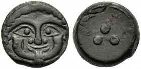 Sicily, Tetras, Himera, c. 430-420 BC AE (g 12,16 mm 20 h 12) Gorgoneion, Rv. Three pellets. CNS I, n. 18 SNG Copenhagen 315-316 SNG ANS 181. Green pa...