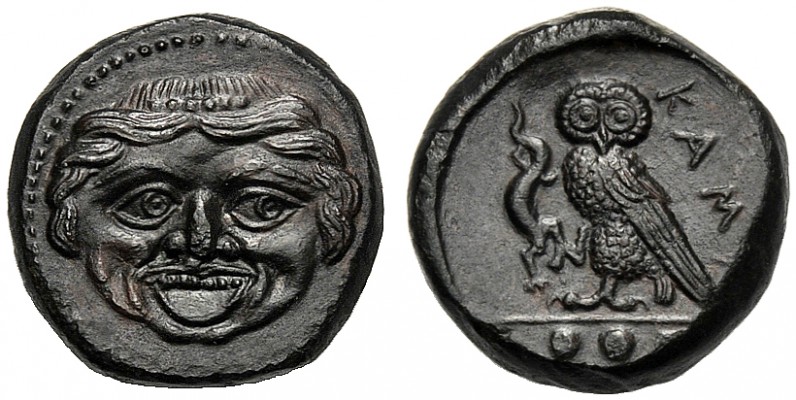 Sicily, Tetras, Kamarina, c. 420-405 BC AE (g 2,93 mm 14 h 4) Gorgoneion, dotted...