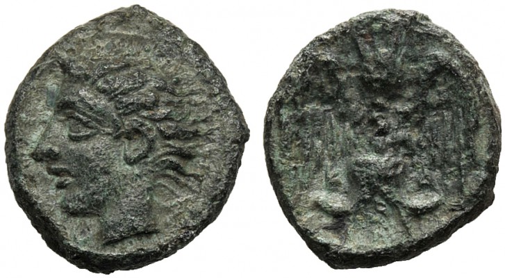 Sicily, Onkia, Katane, c. 405-402 BC AE (g 0,78 mm 8 h 6) Head of river god l. w...