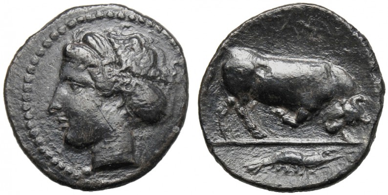 Sicily, Litra, Katane, c. 405-403 BC AR (g 0,61 mm 10 h 9) Head of nymph l., wea...