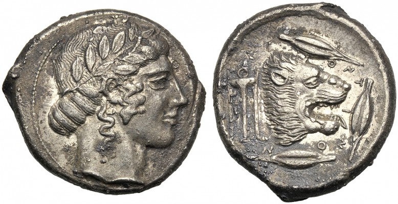 Sicily, Tetradrachm, Leontinoi, c. 460-450 BC AR (g 16,65 mm 16 h 9) Laureate he...
