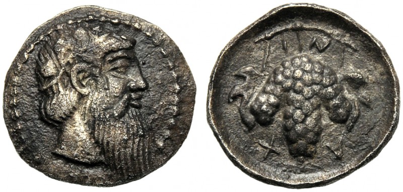 Sicily, Litra, Naxos, After 461 BC AR (g 0,85 mm 10 h 12) Head of Dionysos r., w...