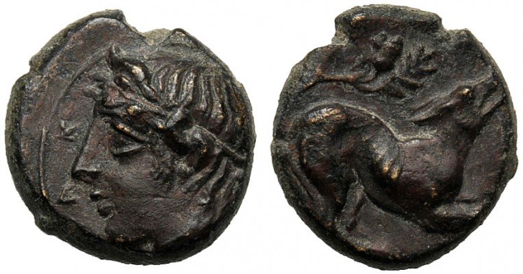 Sicily, Onkia, Piakos, c. 425-420 BC AE (g 0,93 mm 9 h 1) ΠIAK, horned head of r...