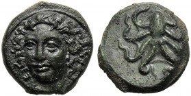 Sicily, Dionysios I (405-367), Tetras, Syracuse, c. 405-400 BC AE (g 2,23 mm 12 h 10) Facing head of nymph, slightly l. at l., EΞ, linear border, Rv. ...