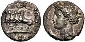 Sicily, Dionysios I (405-367), Decadrachm, Syracuse, Signed dies of Euainetos, c. 400-395 BC AR (g 43,10 mm 34 h 9) Charioteer, holding kentron and re...