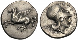 Sicily, Timoleon and Third Democracy (344-317), Stater, Syracuse, c. 344-317 BC AR (g 8,64 mm 21 h 11) Pegasos flying l., Rv. ΣYPAKOΣION, head of Athe...