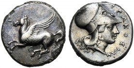 Sicily, Timoleon and Third Democracy (344-317), Stater, Syracuse, c. 344-317 BC AR (g 8,23 mm 20 h 1) Pegasos flying l., Rv. ΣYPAKOΣION, head of Athen...