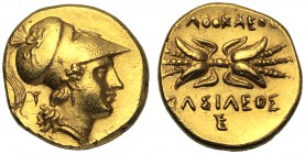 Sicily, Agathokles (317-289), Stater or Double Dekadrachm, Syracuse, c. 305-289 BC AV (g 4,61 mm 14 h 3) Head of Athena r., wearing Corinthian helmet ...