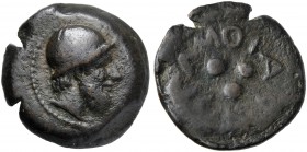 Islands od Sicily, Tetras, Lipara, c. 425 BC AE (g 27,97 mm 30 h 1) Head of Aiolos r., wearing pileos dotted border, Rv. [ΛIΠ]ARAION (retr.), three pe...