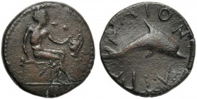 Islands of Sicily, Hemilitron, Lipara, c. 412-408 BC AE (g 7,94 mm 22 h 3) Hephaistos seated r., holding kantharos and hammer dotted border, Rv. ΛIΠAP...