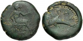 Islands of Sicily, Hemilitron, Lipara, c. 412-408 BC AE (g 15,15 mm 26 h 3) Hephaistos seated r., holding kantharos and hammer, Rv. ΛIΠAP[AION], dolph...