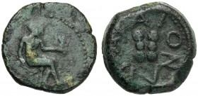 Islands of Sicily, Hemilitron, Lipara, c. 412-408 BC AE (g 4,42 mm 17 h 6) Hephaistos seated r., holding kantharos and hammer dotted border, Rv. ΛIΠAP...