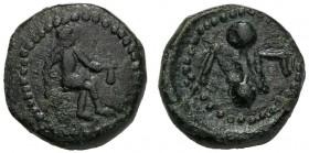 Islands of Sicily, Hexas, Lipara, c. 412-408 BC AE (g 1,32 mm 10 h 11) Hephaistos seated r., holding kantharos and hammer dotted border, Rv. ΛIΠ with ...
