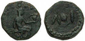 Islands of Sicily, Onkia, Lipara, c. 412-408 BC AE (g 1,73 mm 13 h 6) Hephaistos seated r., holding kantharos and hammer dotted border, Rv. ΛI, one pe...