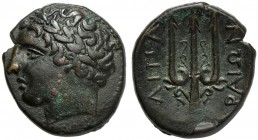 Islands of Sicily, Bronze, Lipara, c. 317-279 BC AE (g 8,16 mm 20 h 12) Laureate head of Apollo l. dotted border, Rv. ΛIΠAPAIΩN, ornamented trident. C...