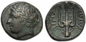 Islands of Sicily, Bronze, Lipara, c. 317-279 BC AE (g 7,54 mm 20 h 12) Laureate head of Apollo l., Rv. ΛIΠAPAIΩN,ornamented trident. CNS I, n. 28 SNG...