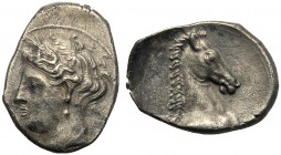 The Carthaginians in Italy and North Africa, Litra, Panormos (?), c. 405-380 BC AR (g 0,71 mm 11 h 3) Wreathed head of Tanit l. linear border, Rv. Hea...