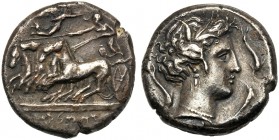 The Carthaginians in Italy and North Africa, Tetradrachm, Cephaloedium (?), c. 350-340 BC AR (g 16,17 mm 24 h 3) Charioteer driving fast quadriga l., ...