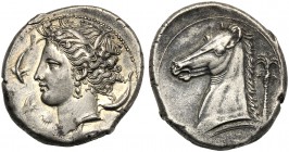 The Carthaginians in Italy and North Africa, Tetradrachm, Entella (?), c. 320-300 BC AR (g 16,92 mm 27 h 11) Head of Tanit l., wearing wreath of grain...
