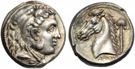 The Carthaginians in Italy and North Africa, Tetradrachm, Entella (?), c. 300-289 BC AR (g 16,90 mm 24 h 4) Testa di Herakles r., wearing lion skin, R...