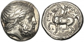 Kings of Macedonia, Philip II, 359-336 and posthumous issues, Tetradrachm, Pella, c. 354-348 BC AR (g 14,42 mm 24 h 3) Laureate head of Zeus r., Rv. Φ...
