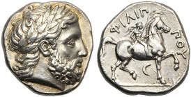 Kings of Macedonia, Philip II, 359-336 and posthumous issues, Tetradrachm, Pella, c. 336-328 BC AR (g 14,45 mm 24 h 6) Laureate head of Zeus r., Rv. Φ...