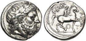 Kings of Macedonia, Philip II, 359-336 and posthumous issues, Tetradrachm, Amphipolis, c. 323-315 BC AR (g 14,21 mm 23 h 9) Laureate head of Zeus r. d...