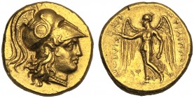 Kings of Macedonia, Philip III (323-317), Stater, Babylon, c. 323-317 BC AV (g 8,64 mm 18 h 7) Head of Athena r., wearing Corinthian helmet, decorated...