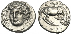 Thessaly, Drachm, Larissa, c. 365-356 BC AR (g 5,98 mm 19 h 11) Facing head of nymph Larissa, slightly l., wearing amphix dotted border, Rv. ΛAPI / ΣA...
