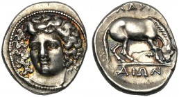 Thessaly, Drachm, Larissa, c. 365-356 BC AR (g 6,17 mm 18 h 6) Facing head of nymph Larissa, slightly l., wearing amphix, dotted border, Rv. ΛAPI / ΣA...