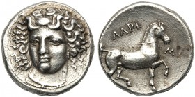 Thessaly, Didrachm, Larissa, c. 350 BC AR (g 11,86 mm 22 h 3) Head of nymph Larissa three-quarters facing, turned slightly to l., wearing ampyx, earri...