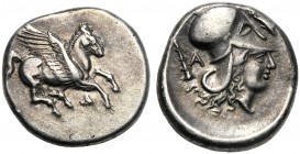 Illyria, Stater, Dyrrhachion, c. 350-300 BC AR (g 8,52 mm 20 h 3) Pegasos flying r. below, Δ, Rv. Head of Athena r., wearing Corinthian helmet at l., ...