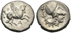 Epeiros, Stater, Ambrakia, c. 360-338 BC AR (g 8,40 mm 18 h 11) Pegasos flying r. below, A, Rv. Head of Athena r., wearing Corinthian helmet at l., th...