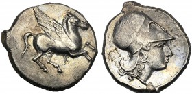 Islands of Epeiros, Stater, Corcyra, c. 328-250 BC AR (g 8,18 mm 21 h2) Pegasos flying r. below, K, Rv. Head of Athena r., wearing Corinthian helmet a...