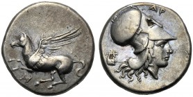 Akarnania, Stater, Anaktorion, c. 350-300 BC AR (g 8,52 mm 20 h 3) Pegasos flying l. below, monogr., Rv. Head of Athena r., wearing Corinthian helmet ...
