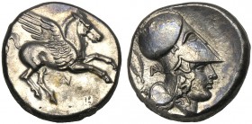 Akarnania, Stater, Anaktorion, c. 350-300 BC AR (g 8,20 mm 18 h 10) Pegasos flying r. below, monogr., Rv. Head of Athena r., wearing Corinthian helmet...