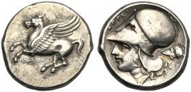Acarnania, Stater, Argo Amphilochicon, c. 345-300 BC AR (g 8,51 mm 20 h 12) Pegasos flying l. below, A, Rv. APΓEI, head of Athena l., wearing Corinthi...