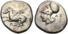 Akarnania, Stater, Leukas, c. 435-380 BC AR (g 8,29 mm 20 h 3) Pegasos flying l. below, Λ, Rv. Head of Athena l., wearing Corinthian helmet at r., Λ a...