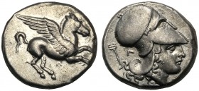 Akarnania, Stater, Leukas, c. 435-380 BC AR (g 8,22 mm 19 h 11) Pegasos flying r. below, Λ, Rv. Head of Athena r., wearing Corinthin helmet at l., Λ a...