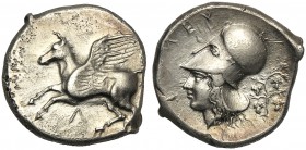 Acarnania, Stater, Leukas, c. 375-350 BC AR (g 8,40 mm 20 h 9) Pegasos flying l. below, Λ, Rv. Head of Athena l., wearing Corinthian helmet at l., ΛEY...