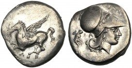 Akarnania, Stater, Anaktorion, c. 400-330 BC AR (g 8,19 mm 20 h 3) Pegasos flying l. below Λ, Rv. Head of Athena r., wearing Corinthian helmet at r., ...