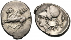 Acarnania, Stater, Leukas, c. 320-280 BC AR (g 8,60 mm 22 h 9) Pegasos flying l. below, Λ, Rv. Head of Athena l., wearing Corinthian helmet at r., A a...