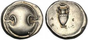 Beotia, Stater, Thebes, Asop- magistrate, c. 363-338 BC AR (g 12,15 mm 22 h 6) Beotian shield, Rv. A-Σ-Ω-Π, amphora above, club. BCD Boiotia 581 SNG C...