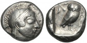 Attica, Tetradrachm, Athens, c. 500-485 BC AR (g 16,69 mm 21 h 3) Head of Athena r., wearing crested Attic helmet,Rv. AΘE, owl standing r., with wings...