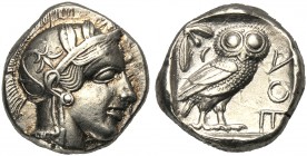 Attica, Tetradrachm, Athens, After 449 BC AR (g 17,06 mm 22 h 3) Head of Athena r., wearing crested Attic helmet, decorated with a olive wreath and pa...