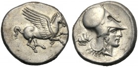 Corinthia, Stater, Corinth, c. 415-387 BC AR (g 8,38 mm 20 h 1) Pegasos flying r. below Ϙ, Rv. Head of Athena r., wearing Corinthian helmet at l., chi...