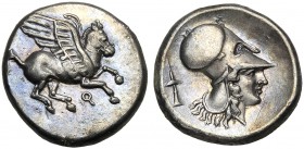 Corinthia, Stater, Corinth, c. 415-387 BC AR (g 8,18 mm 20 h 9) Pegasos flying r. below, Ϙ, Rv. Head of Athena r., wearing Corinthian helmet at l., th...